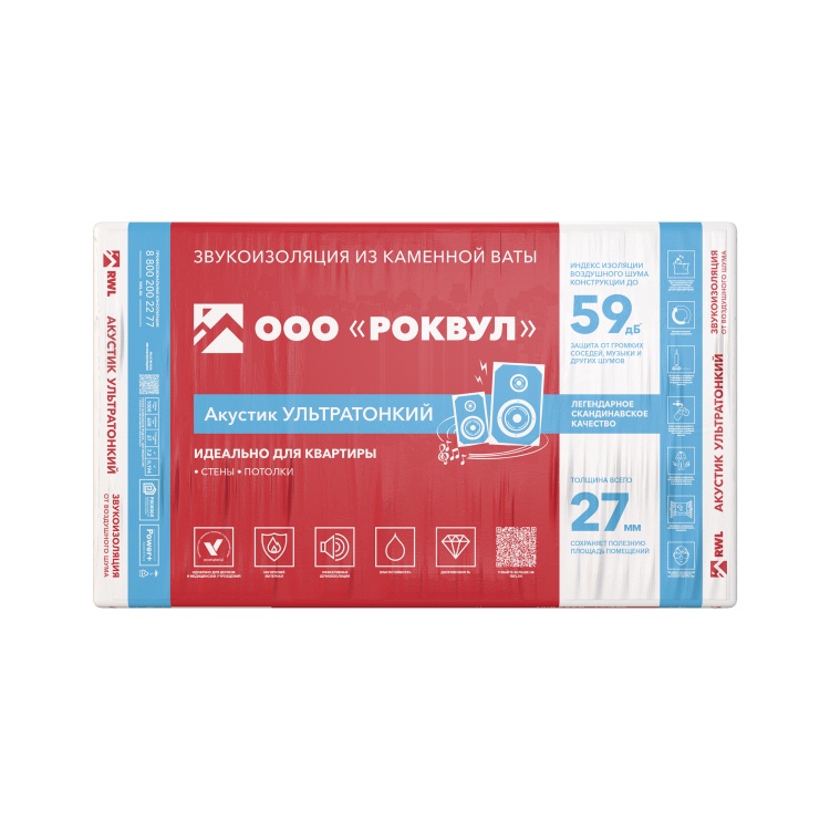 Утеплитель Rockwool Акустик Баттс Ультратонкий 1000х600х27 мм, 12 шт. уп