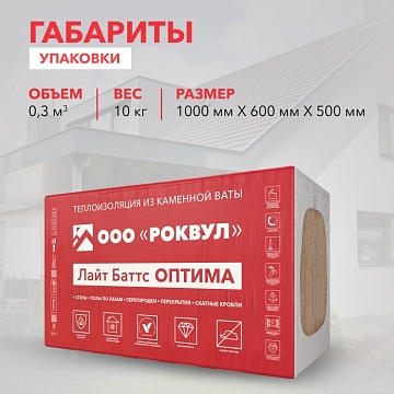 Утеплитель Роквул Лайт Баттс Оптима 1000х600х50 мм, 10 шт/уп, 6 м²